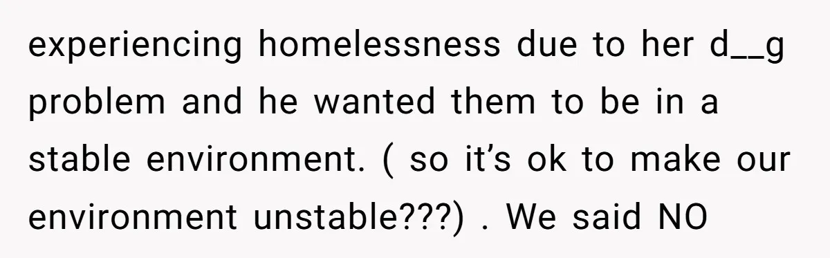 experiencing homelessness due to her d__g problem and he wanted them to be in a stable environment. ( so it’s ok to make our environment unstable???) . We said NO