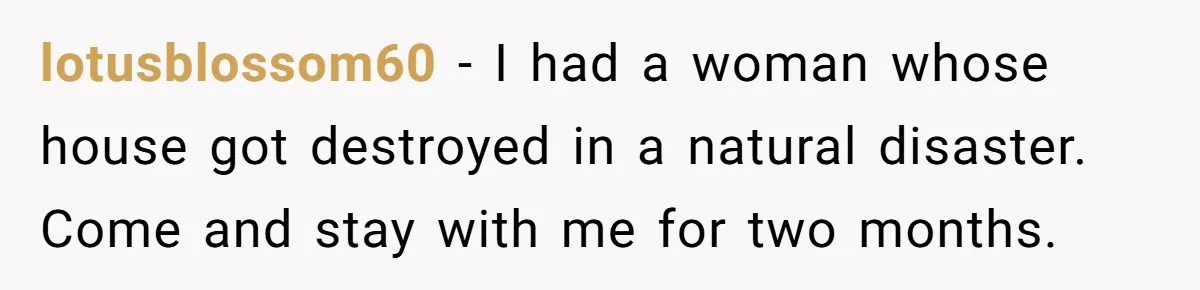 lotusblossom60 − I had a woman whose house got destroyed in a natural disaster. Come and stay with me for two months.