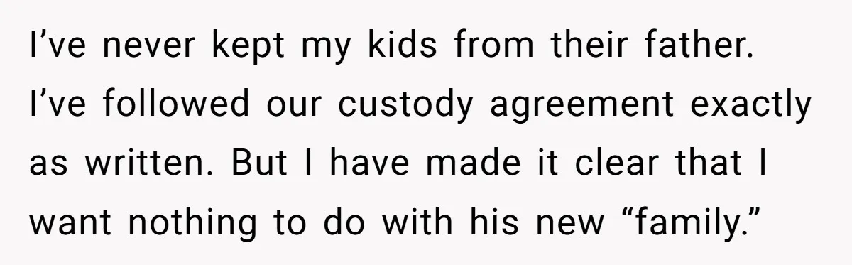 I’ve never kept my kids from their father. I’ve followed our custody agreement exactly as written. But I have made it clear that I want nothing to do with his...