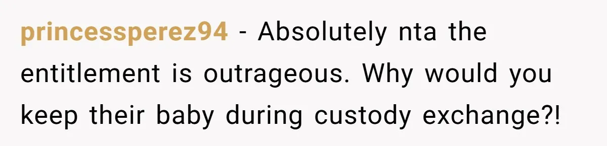 princessperez94 − Absolutely nta the entitlement is outrageous. Why would you keep their baby during custody exchange?!