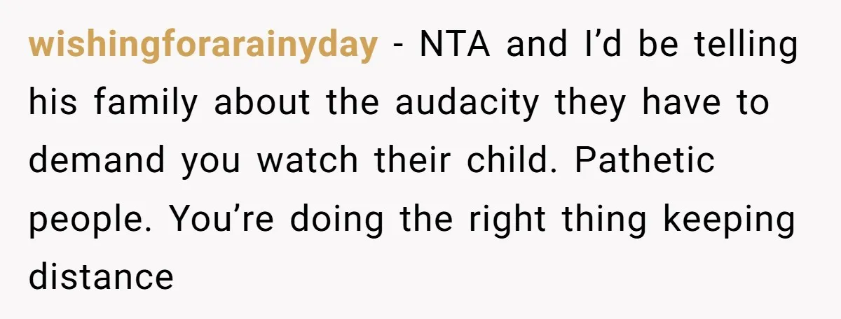 wishingforarainyday − NTA and I’d be telling his family about the audacity they have to demand you watch their child. Pathetic people. You’re doing the right thing keeping distance