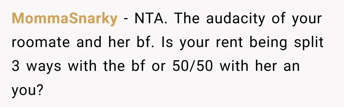 MommaSnarky − NTA. The audacity of your roomate and her bf. Is your rent being split 3 ways with the bf or 50/50 with her an you?