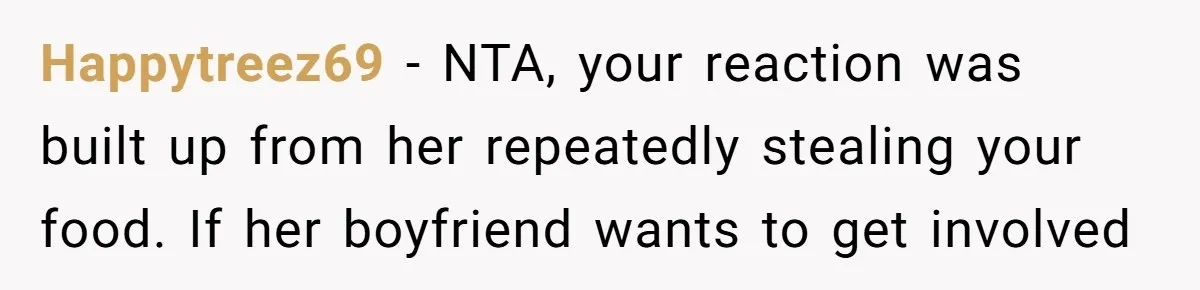 Happytreez69 − NTA, your reaction was built up from her repeatedly stealing your food. If her boyfriend wants to get involved