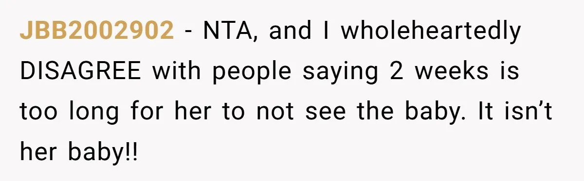 JBB2002902 − NTA, and I wholeheartedly DISAGREE with people saying 2 weeks is too long for her to not see the baby. It isn’t her baby!!