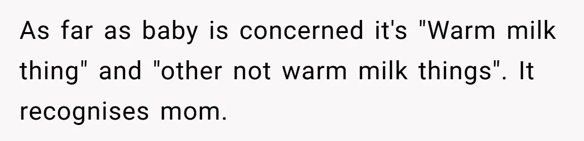 As far as baby is concerned it's "Warm milk thing" and "other not warm milk things". It recognises mom.