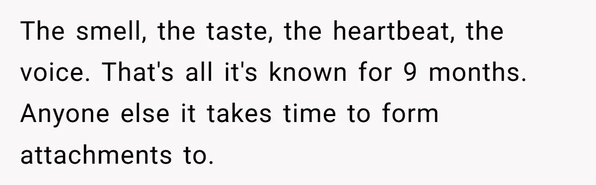 The smell, the taste, the heartbeat, the voice. That's all it's known for 9 months. Anyone else it takes time to form attachments to.