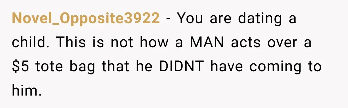 Novel_Opposite3922 − You are dating a child. This is not how a MAN acts over a $5 tote bag that he DIDNT have coming to him.