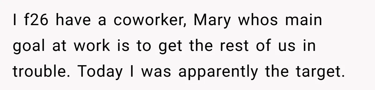I f26 have a coworker, Mary whos main goal at work is to get the rest of us in trouble. Today I was apparently the target.