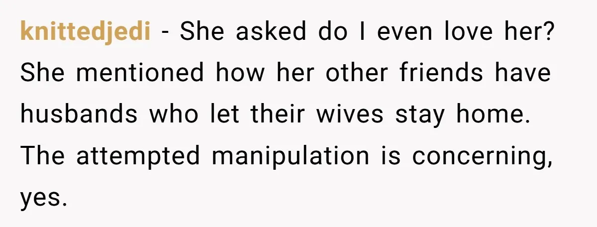 knittedjedi − She asked do I even love her? She mentioned how her other friends have husbands who let their wives stay home. The attempted manipulation is concerning, yes.