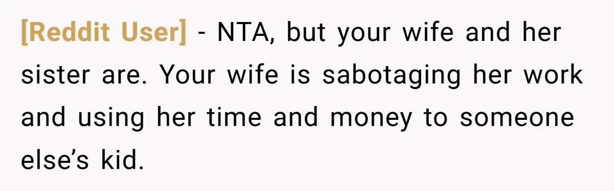 [Reddit User] − NTA, but your wife and her sister are. Your wife is sabotaging her work and using her time and money to someone else’s kid.