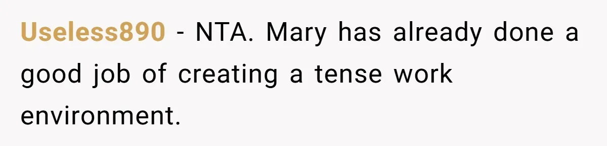 Useless890 − NTA. Mary has already done a good job of creating a tense work environment.