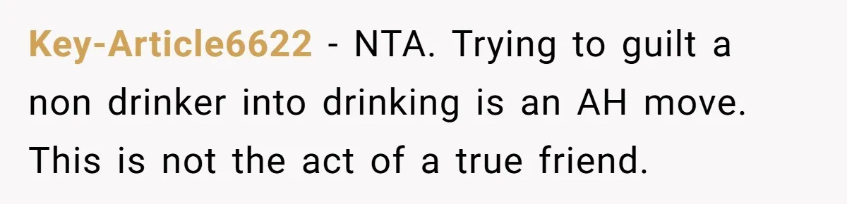 Key-Article6622 − NTA. Trying to guilt a non drinker into drinking is an AH move. This is not the act of a true friend.