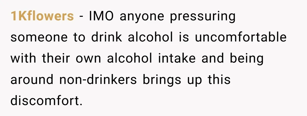 1Kflowers − IMO anyone pressuring someone to drink alcohol is uncomfortable with their own alcohol intake and being around non-drinkers brings up this discomfort.