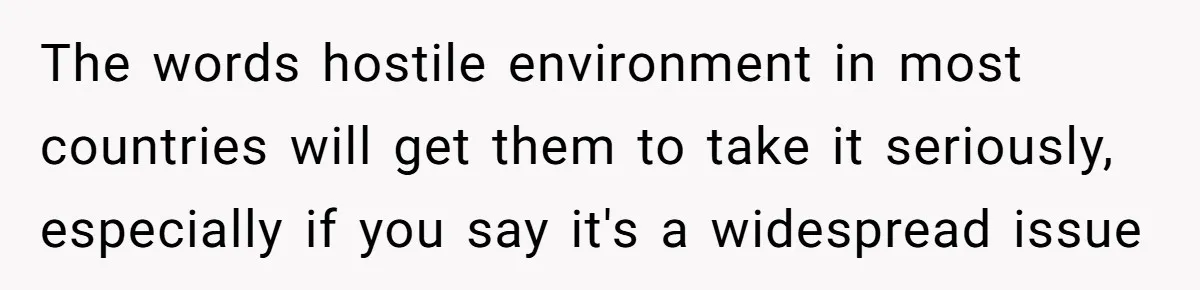 The words hostile environment in most countries will get them to take it seriously, especially if you say it's a widespread issue