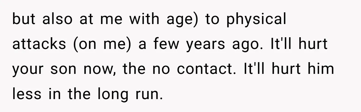 but also at me with age) to physical attacks (on me) a few years ago. It'll hurt your son now, the no contact. It'll hurt him less in the long...