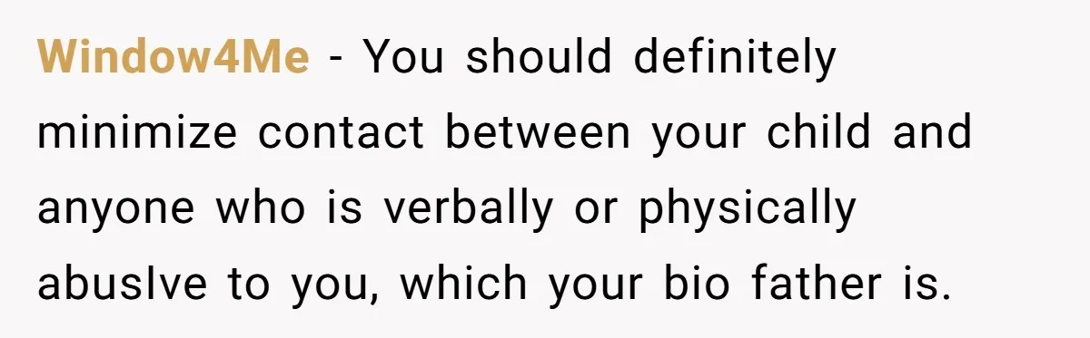 Window4Me − You should definitely minimize contact between your child and anyone who is verbally or physically abusIve to you, which your bio father is.