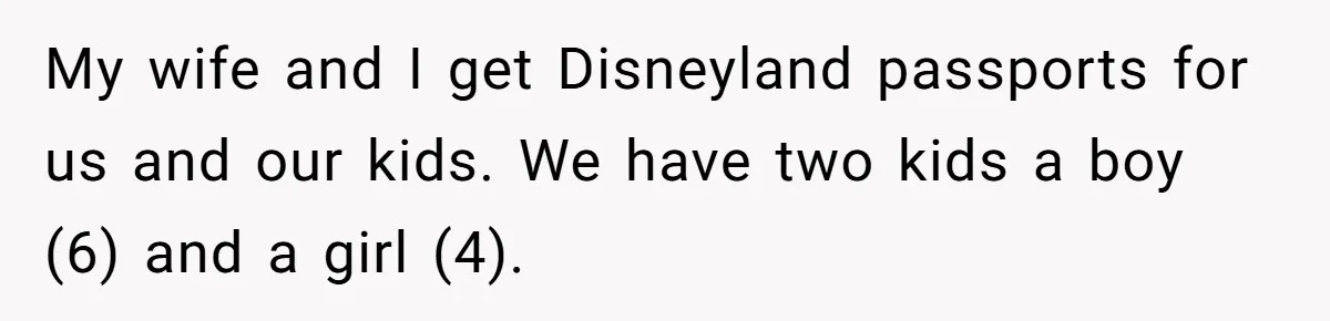 My wife and I get Disneyland passports for us and our kids. We have two kids a boy (6) and a girl (4).