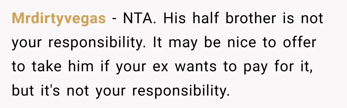 Mrdirtyvegas − NTA. His half brother is not your responsibility. It may be nice to offer to take him if your ex wants to pay for it, but it's not...