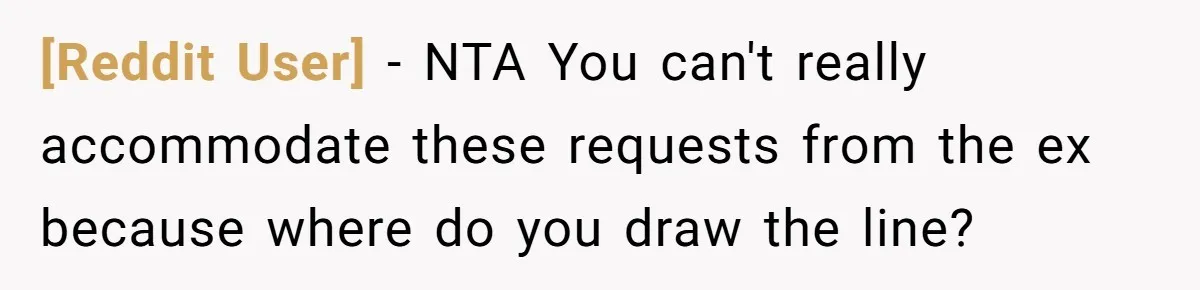 [Reddit User] − NTA You can't really accommodate these requests from the ex because where do you draw the line?