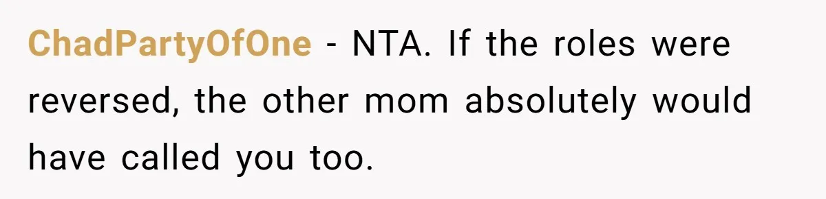 ChadPartyOfOne − NTA. If the roles were reversed, the other mom absolutely would have called you too.
