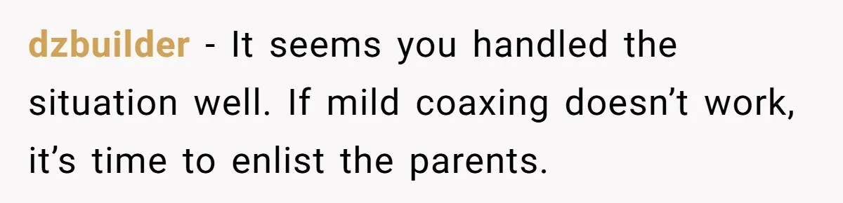 dzbuilder − It seems you handled the situation well. If mild coaxing doesn’t work, it’s time to enlist the parents.