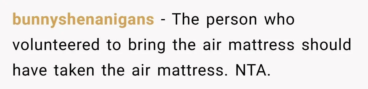 bunnyshenanigans − The person who volunteered to bring the air mattress should have taken the air mattress. NTA.