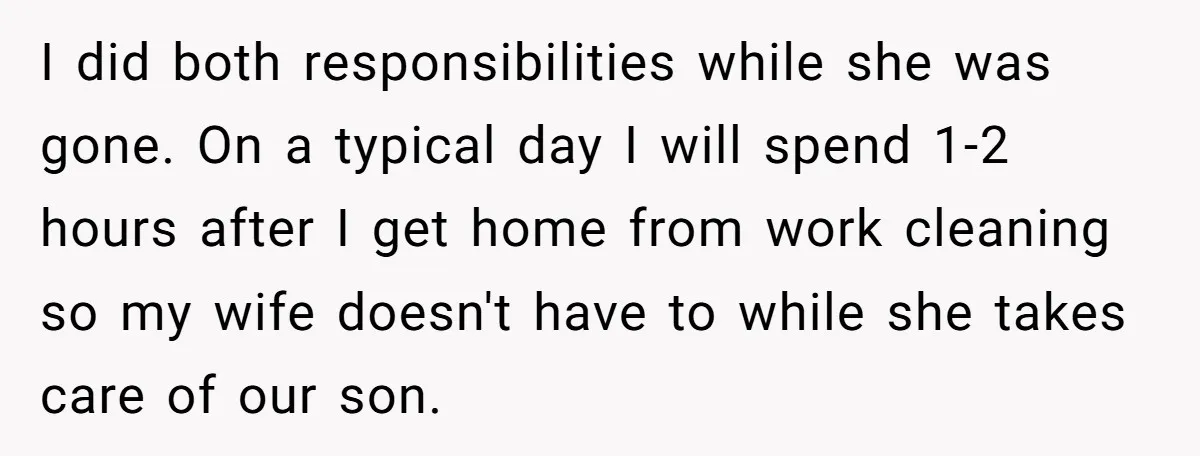 I did both responsibilities while she was gone. On a typical day I will spend 1-2 hours after I get home from work cleaning so my wife doesn't have to...