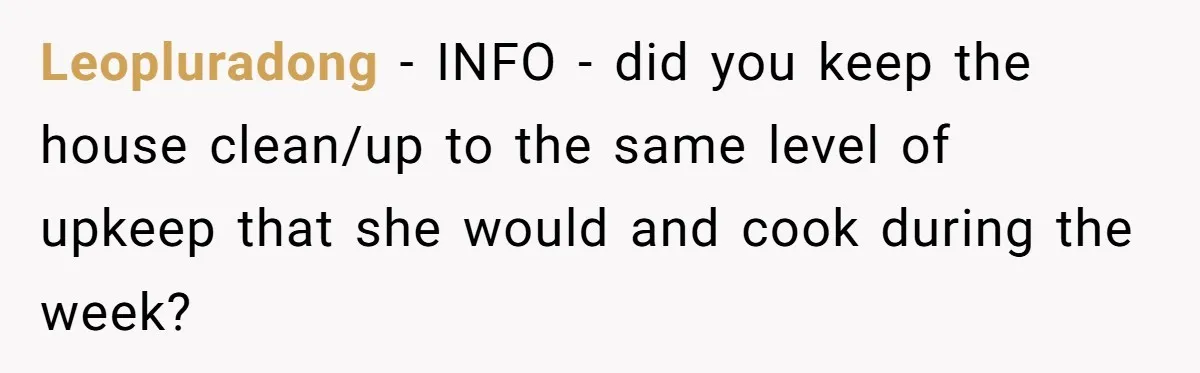 Leopluradong − INFO - did you keep the house clean/up to the same level of upkeep that she would and cook during the week?