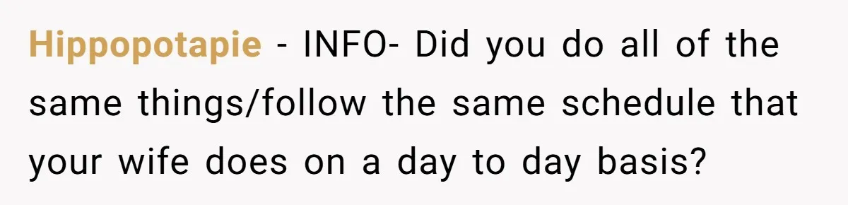Hippopotapie − INFO- Did you do all of the same things/follow the same schedule that your wife does on a day to day basis?