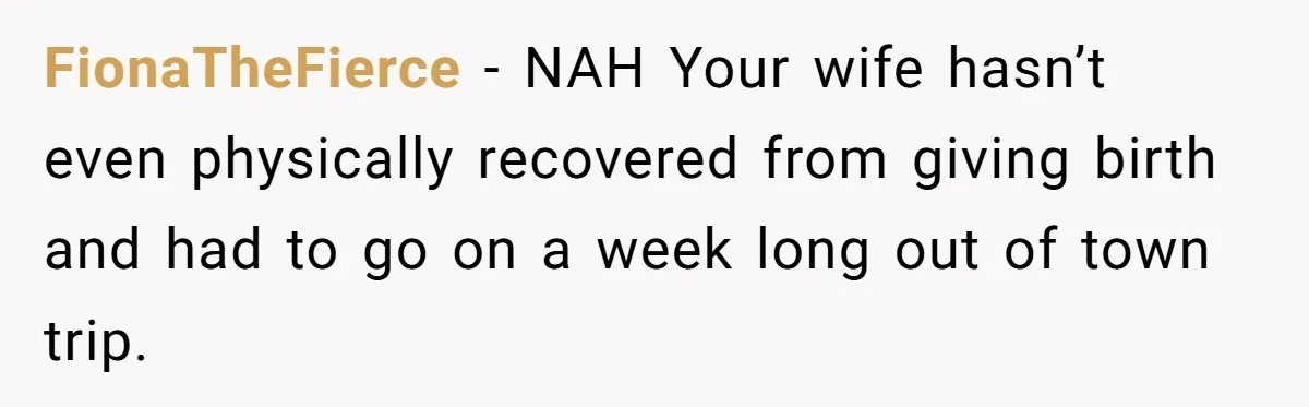FionaTheFierce − NAH Your wife hasn’t even physically recovered from giving birth and had to go on a week long out of town trip.