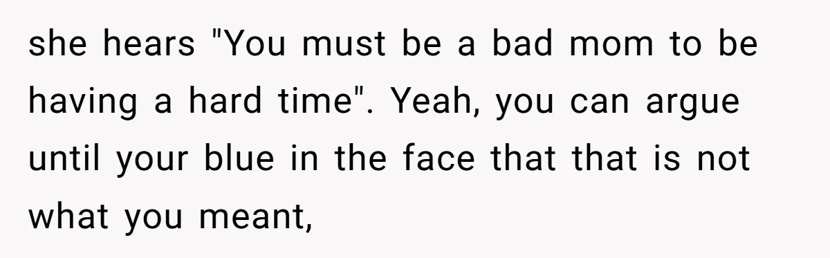 she hears "You must be a bad mom to be having a hard time". Yeah, you can argue until your blue in the face that that is not what you...