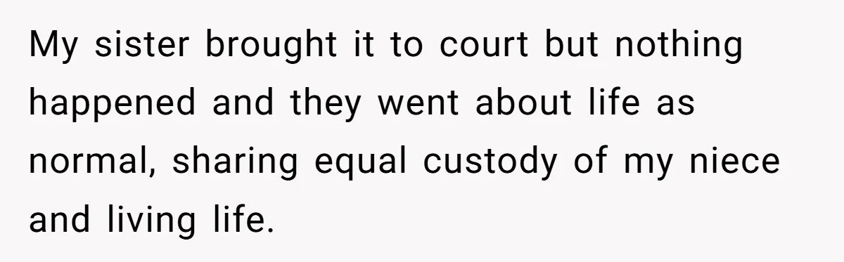 My sister brought it to court but nothing happened and they went about life as normal, sharing equal custody of my niece and living life.