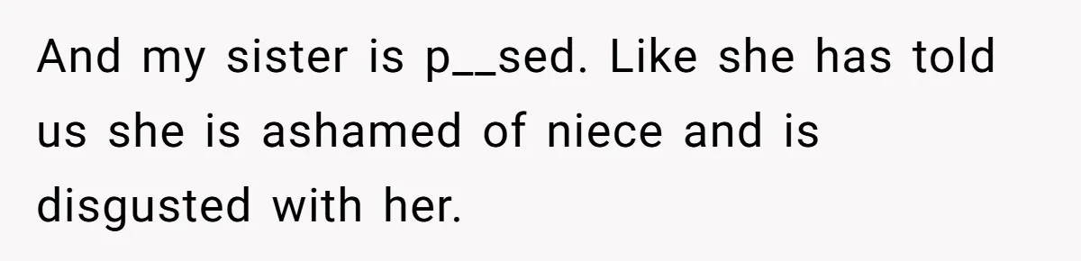 And my sister is p__sed. Like she has told us she is ashamed of niece and is disgusted with her.