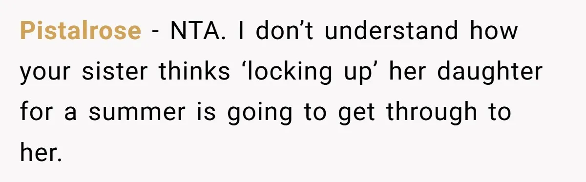 Pistalrose − NTA. I don’t understand how your sister thinks ‘locking up’ her daughter for a summer is going to get through to her.