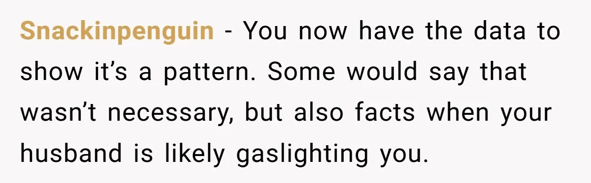 Snackinpenguin − You now have the data to show it’s a pattern. Some would say that wasn’t necessary, but also facts when your husband is likely gaslighting you.