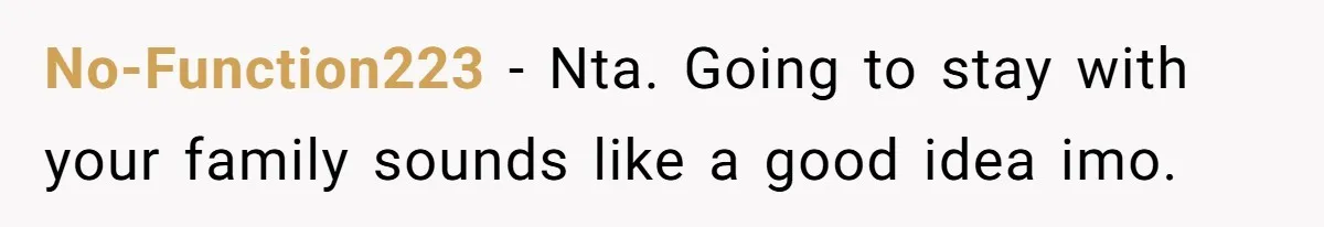 No-Function223 − Nta. Going to stay with your family sounds like a good idea imo.