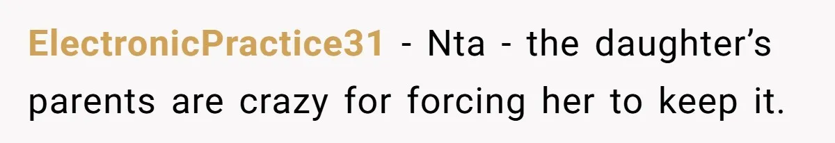 ElectronicPractice31 − Nta - the daughter’s parents are crazy for forcing her to keep it.
