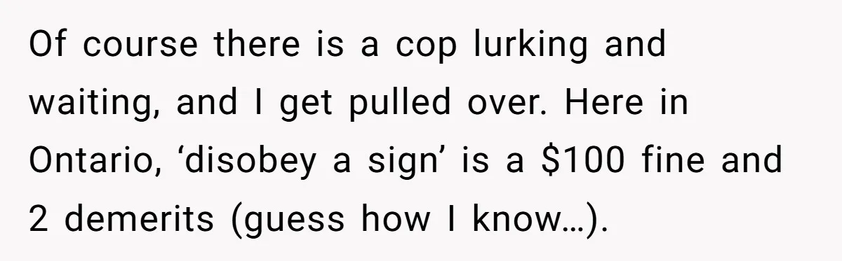 Of course there is a cop lurking and waiting, and I get pulled over. Here in Ontario, ‘disobey a sign’ is a $100 fine and 2 demerits (guess how I...
