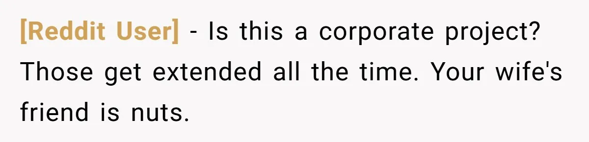 [Reddit User] − Is this a corporate project? Those get extended all the time. Your wife's friend is nuts.