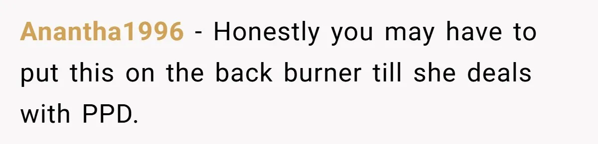 Anantha1996 − Honestly you may have to put this on the back burner till she deals with PPD.