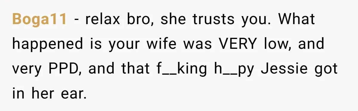 Boga11 − relax bro, she trusts you. What happened is your wife was VERY low, and very PPD, and that f__king h__py Jessie got in her ear.