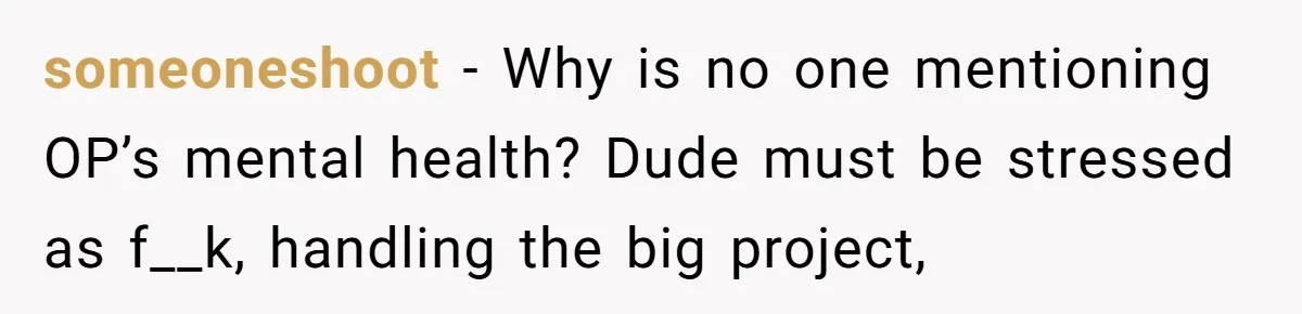 someoneshoot − Why is no one mentioning OP’s mental health? Dude must be stressed as f__k, handling the big project,
