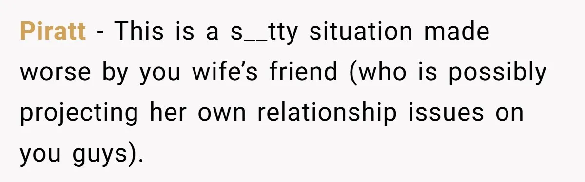 Piratt − This is a s__tty situation made worse by you wife’s friend (who is possibly projecting her own relationship issues on you guys).