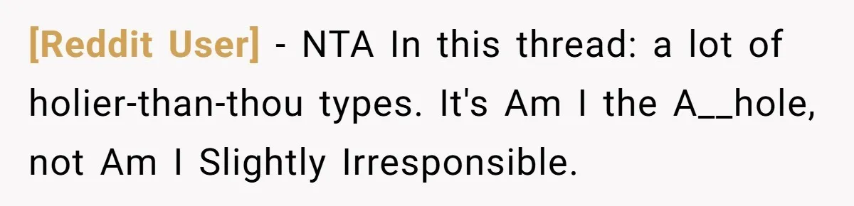 [Reddit User] − NTA In this thread: a lot of holier-than-thou types. It's Am I the A__hole, not Am I Slightly Irresponsible.