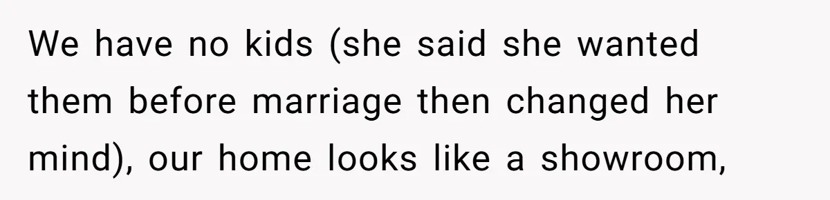 We have no kids (she said she wanted them before marriage then changed her mind), our home looks like a showroom,