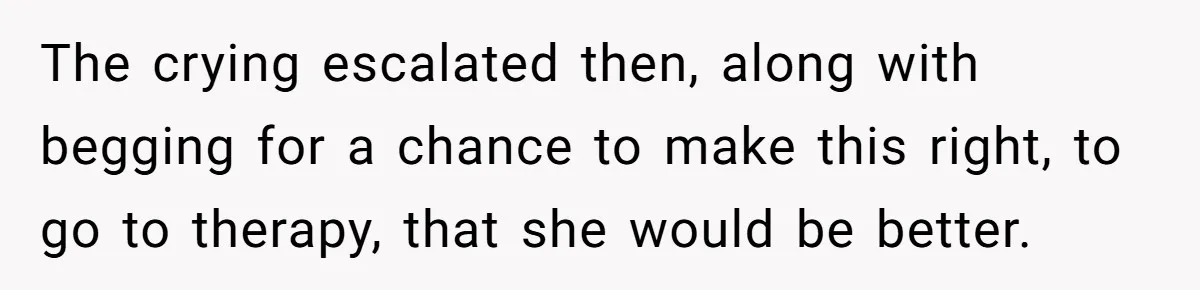 The crying escalated then, along with begging for a chance to make this right, to go to therapy, that she would be better.