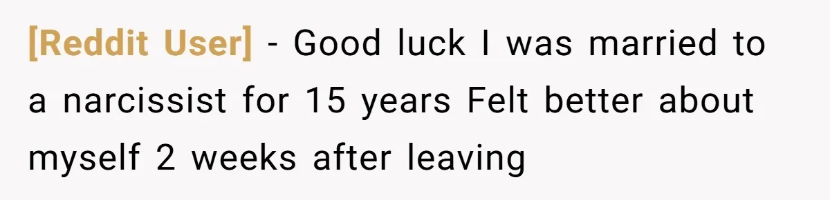 [Reddit User] − Good luck I was married to a narcissist for 15 years Felt better about myself 2 weeks after leaving