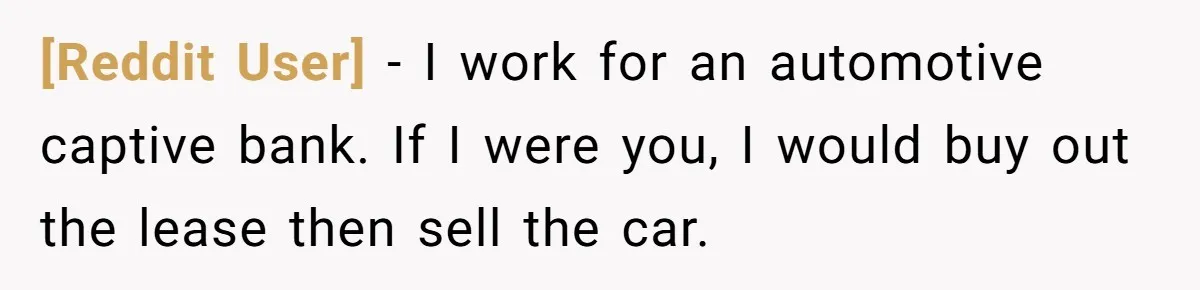 [Reddit User] − I work for an automotive captive bank. If I were you, I would buy out the lease then sell the car.