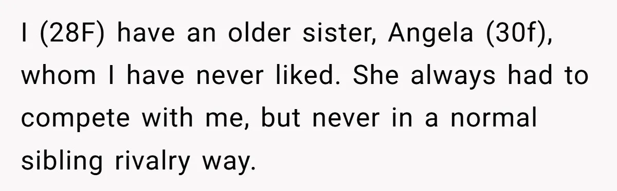 I (28F) have an older sister, Angela (30f), whom I have never liked. She always had to compete with me, but never in a normal sibling rivalry way.