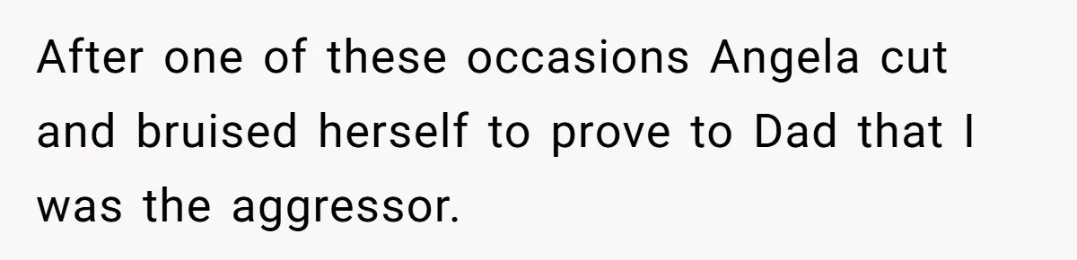 After one of these occasions Angela cut and bruised herself to prove to Dad that I was the aggressor.